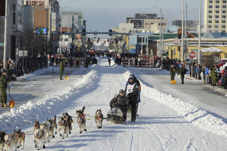 Defending champion Joar Lefseth Ulsom runs his team down Fourth Ave during the ceremonial start of the Iditarod Trail Sled Dog Race Saturday, March 2, 2019 in Anchorage, Alaska. (AP Photo/Michael Dinneen)