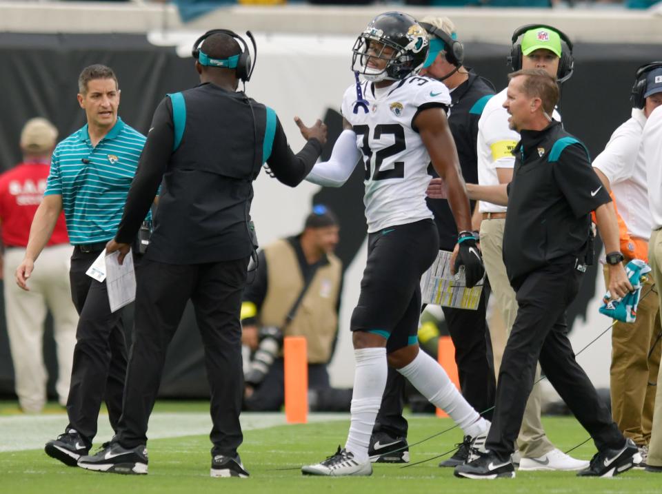 Jacksonville Jaguars cornerback Tyson Campbell (32) is walked off the field after an early fourth quarter injury. The Jaguars went into the first half with a 17 to 0 lead over the Colts and went on to win the game 24 to 0. The Jacksonville Jaguars hosted the Indianapolis Colts at TIAA Bank field in Jacksonville, FL Sunday, September 18, 2022. [Bob Self/Florida Times-Union]