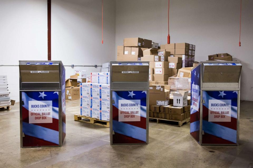 PHOTO: Official ballot drop boxes are stored at a warehouse in Bucks County, Penn. on Sept. 22, 2020. (Rachel Wisniewski/Bloomberg via Getty Images, FILE)