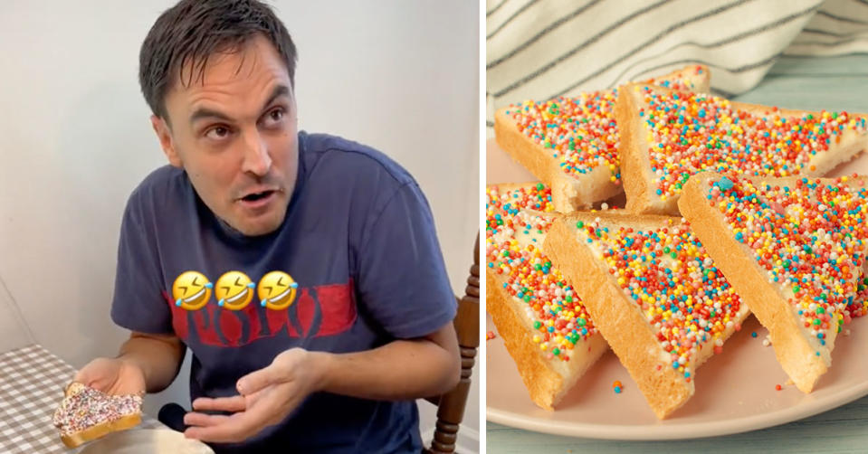 L: TikToker Alessio Pasini looking disgusted by fairy bread. R: Fairy bread