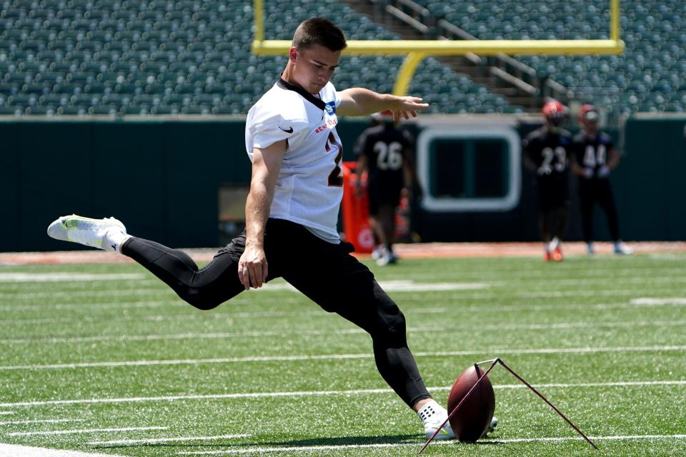 Cincinnati Bengals kicker Evan McPherson (2) kicks during organized team activities practice, Tuesday, June 14, 2022, at Paul Brown Stadium in Cincinnati.