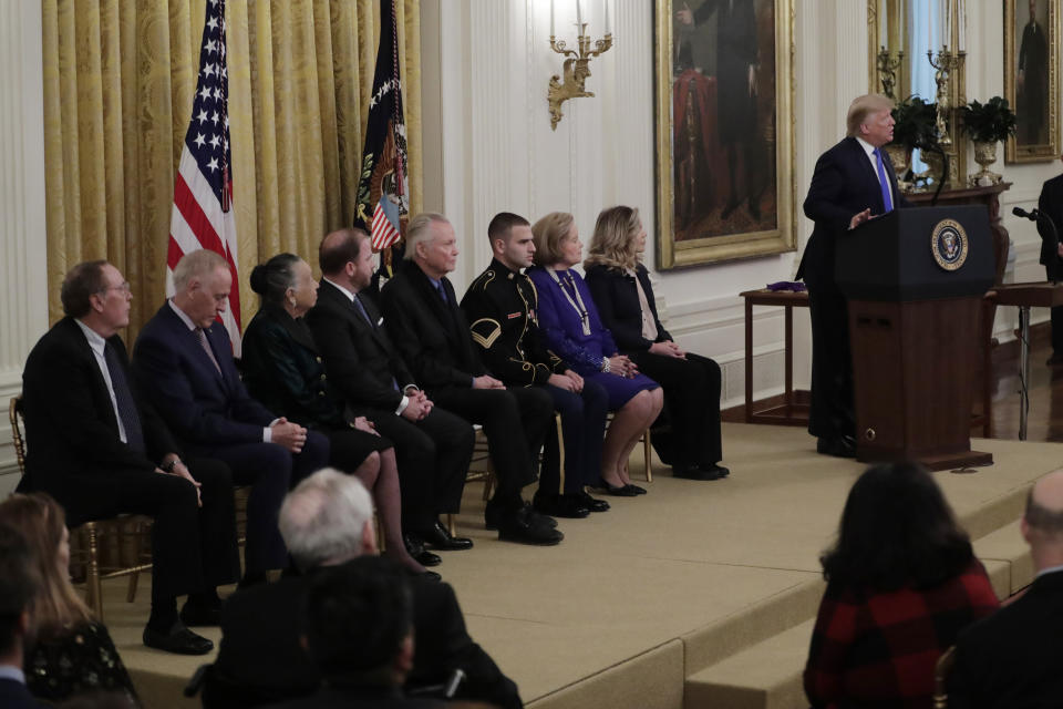 President Donald Trump speaks during a National Medal of Arts and National Humanities Medal ceremony in the East Room of the White House, Thursday, Nov. 21, 2019, in Washington. (AP Photo/Steve Helber)