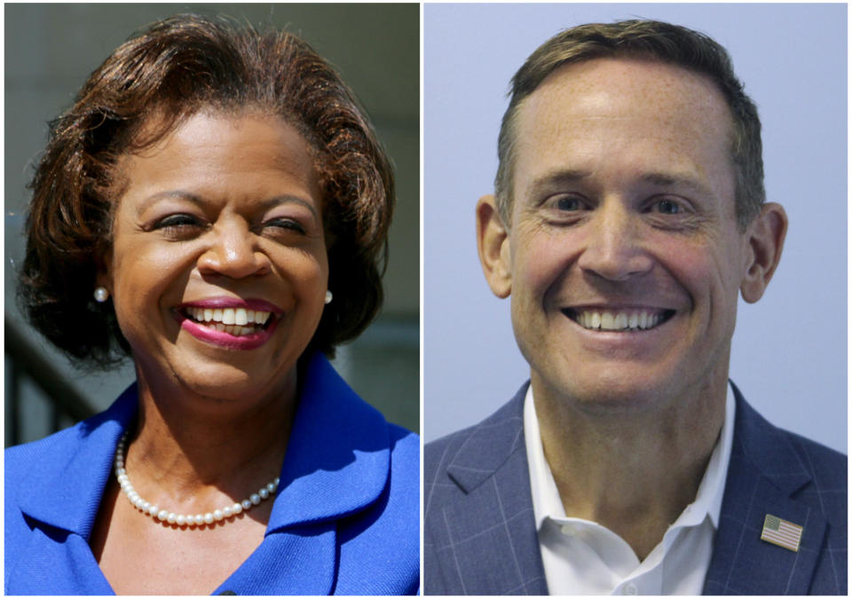 This combination of photos shows North Carolina Democratic Senate candidate Cheri Beasley on Aug. 29, 2022, in Durham, N.C., left, and Republican candidate Rep. Ted Budd, R-N.C., on Sept. 25, 2021, in Mount Airy, N.C. (AP Photo)