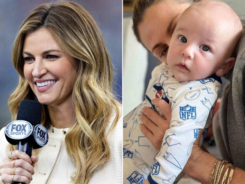 <p>Wesley Hitt/Getty ; Erin Andrews Instagram</p> Erin Andrews on the field before a game between the Washington Commanders and the Dallas Cowboys. ; Erin Andrews and her son Mack. 