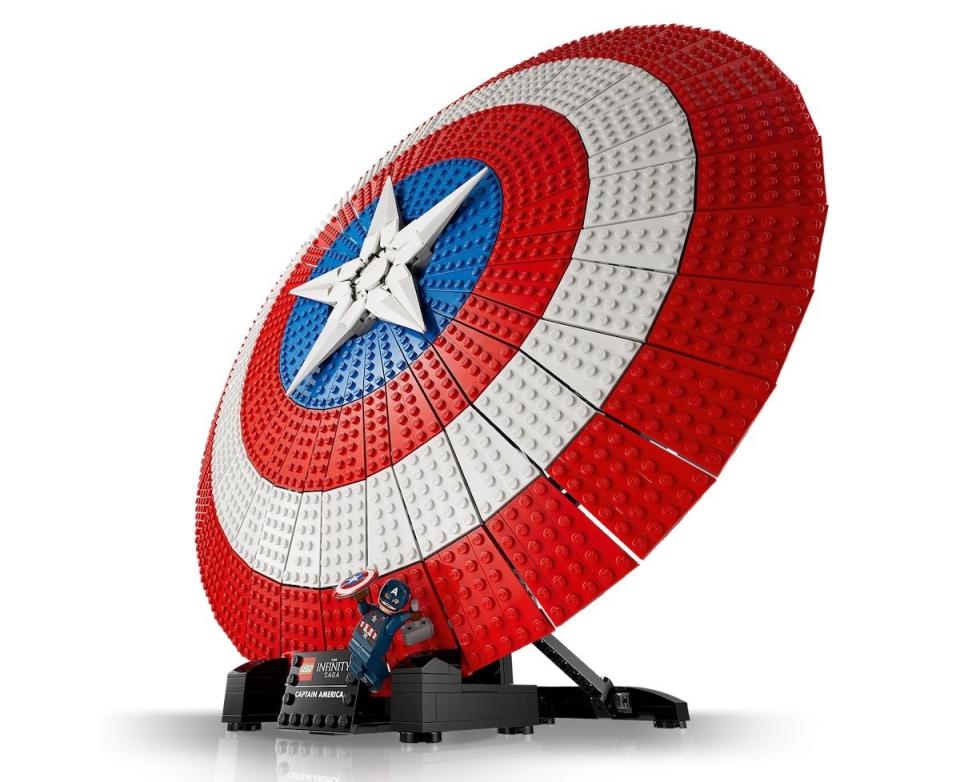 LEGO Captain America Shield on display against a white background