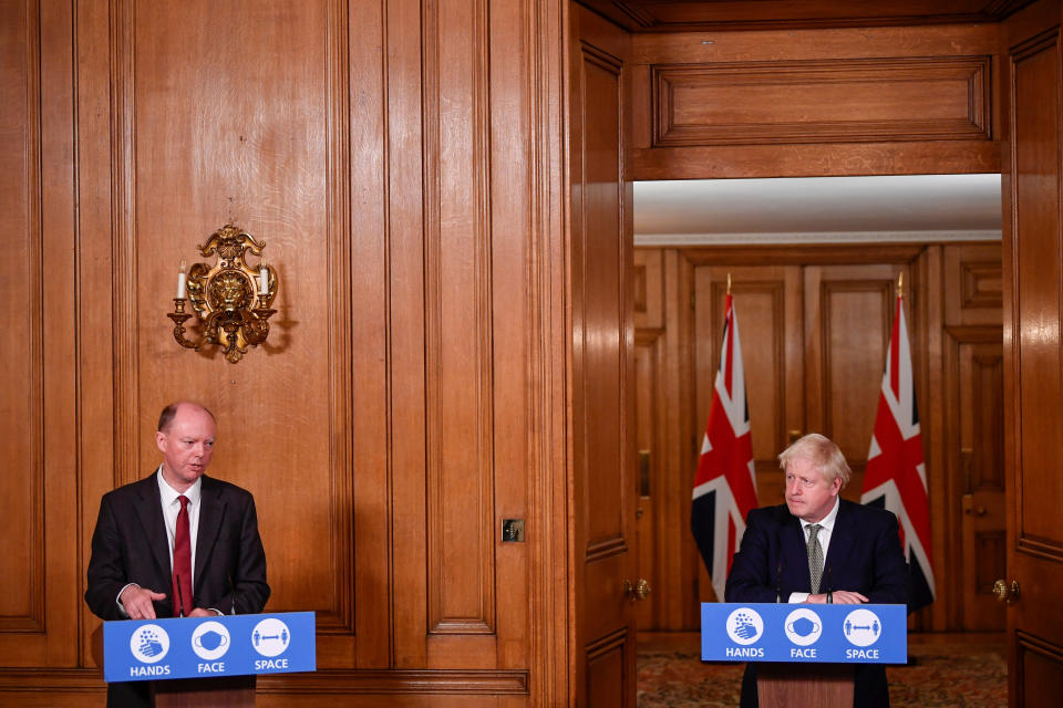 (left to right) Chief Medical Officer Professor Chris Whitty and Prime Minister Boris Johnson during a media briefing in Downing Street, London, on coronavirus (COVID-19).