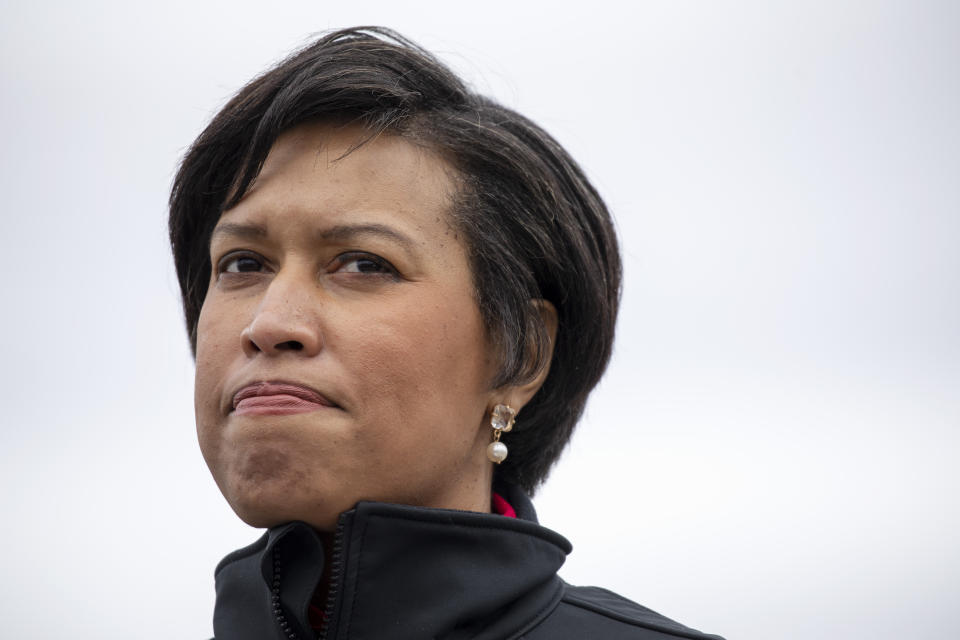 District of Columbia Mayor Muriel Bowser speaks about the city's response to the coronavirus, Monday, March 16, 2020, in Washington. (AP Photo/Jacquelyn Martin)