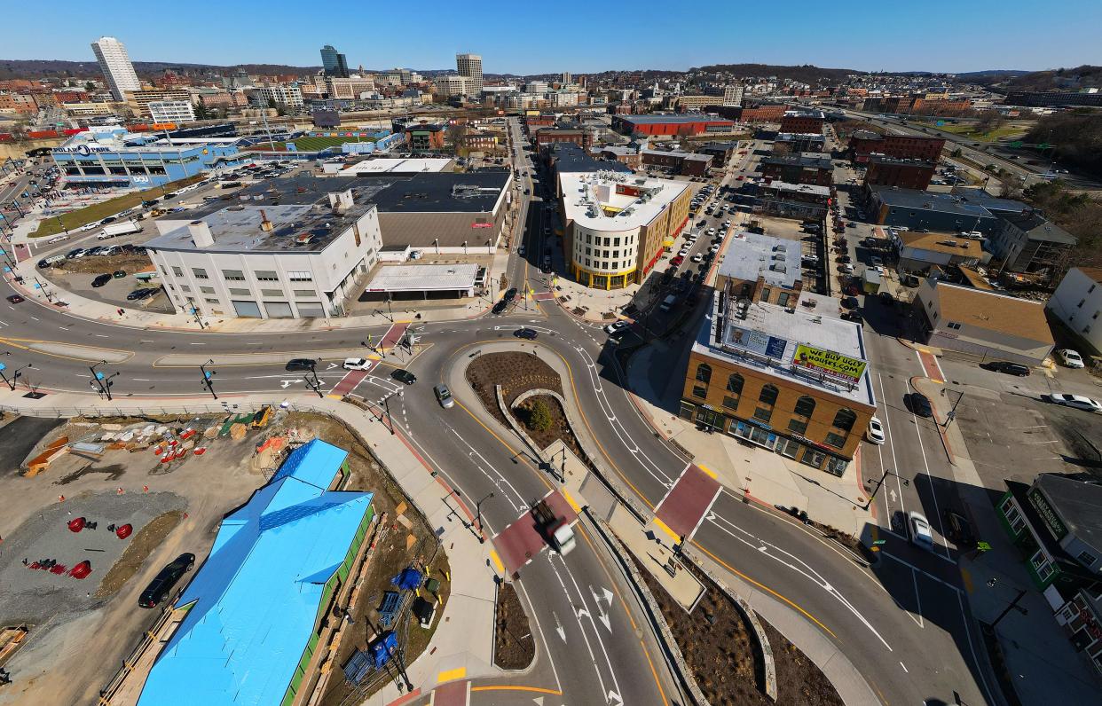 The Canal District with, from left, Polar Park and Madison Street leading to Kelley Square and Green Street, Harding Street and Water Street.