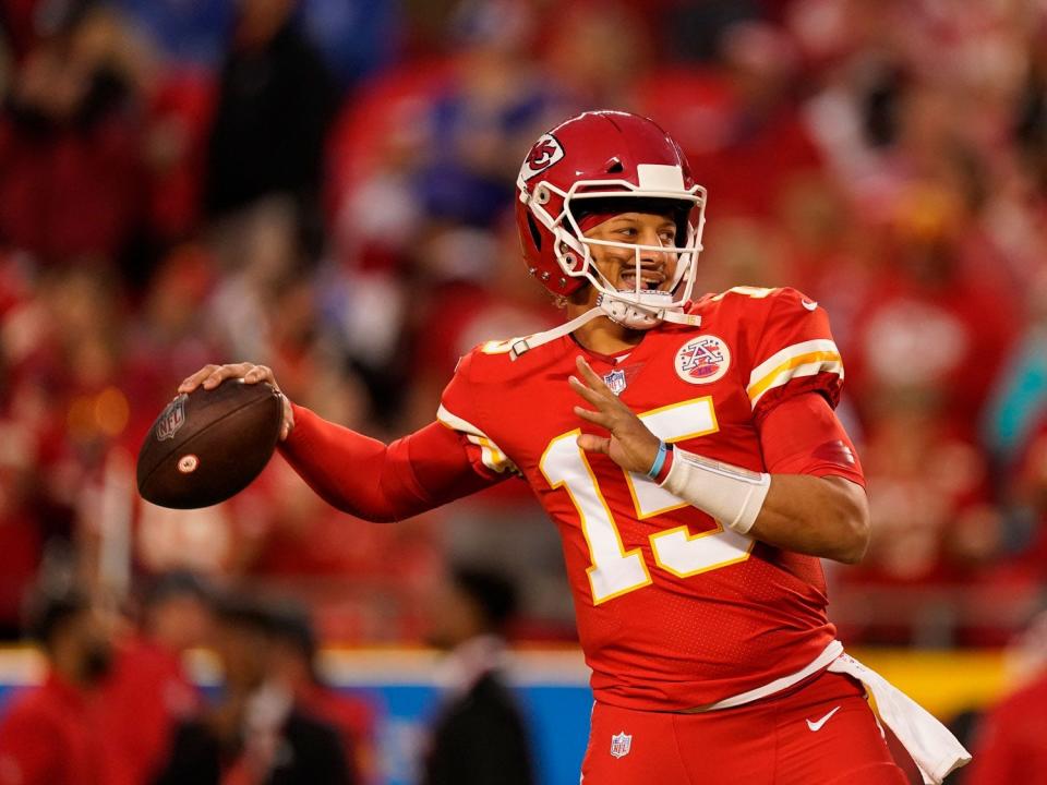 Patrick Mahomes makes a throw against the Buffalo Bills.