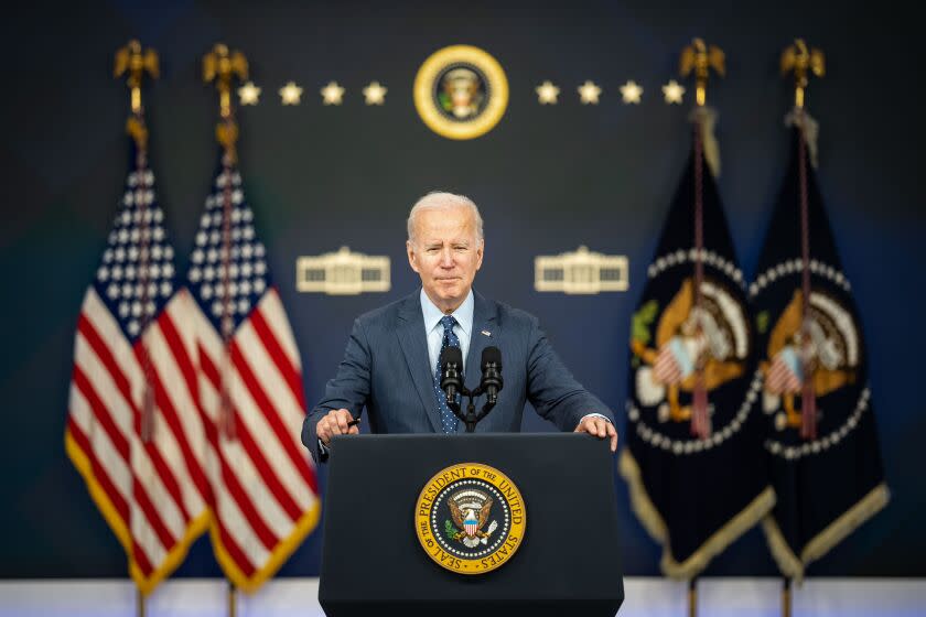 WASHINGTON, DC - FEBRUARY 16: President Joe Biden speaks about the United States response to the high-altitude Chinese spy balloon and three other unidentified objects that were recently shot down by the U.S. military over American and Canadian airspace, in the South Court Auditorium at the White House Complex on Thursday, Feb. 16, 2023 in Washington, DC. The balloon incident stressed an already tenuous relationship between the U.S. and China, and President Biden is expected to speak with Chinese President Xi Jinping about the incident. (Kent Nishimura / Los Angeles Times)