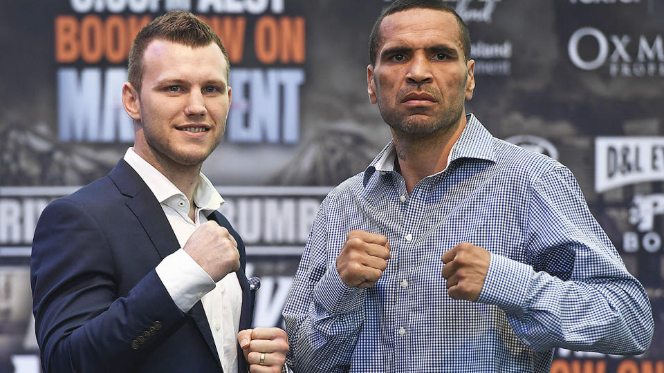 Jeff Horn and Anthony Mundine face off. (Photo by Albert Perez/Getty Images)