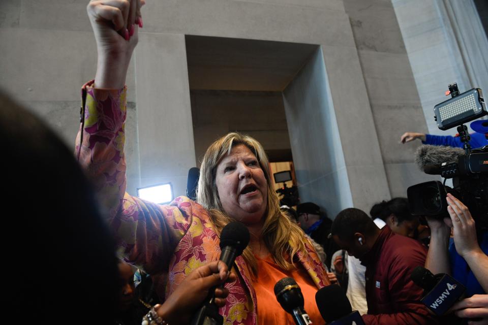Gloria Johnson, D-Knoxville, speaks to reporters after the vote to vote to expel her failed at the Tennessee State Capitol in Nashville, Tenn., on Thursday, April 6, 2023. 
