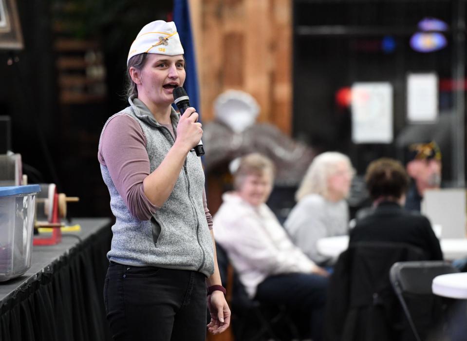 Courtney Steffen speaks at a veterans social on Tuesday, March 21, 2023, at the Military Heritage Alliance in Sioux Falls.