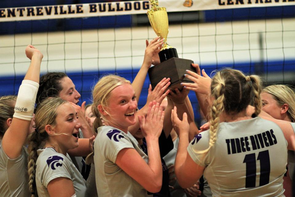 Three Rivers celebrates the county volleyball tournament title on Monday in Centreville after beating Sturgis in the finals.