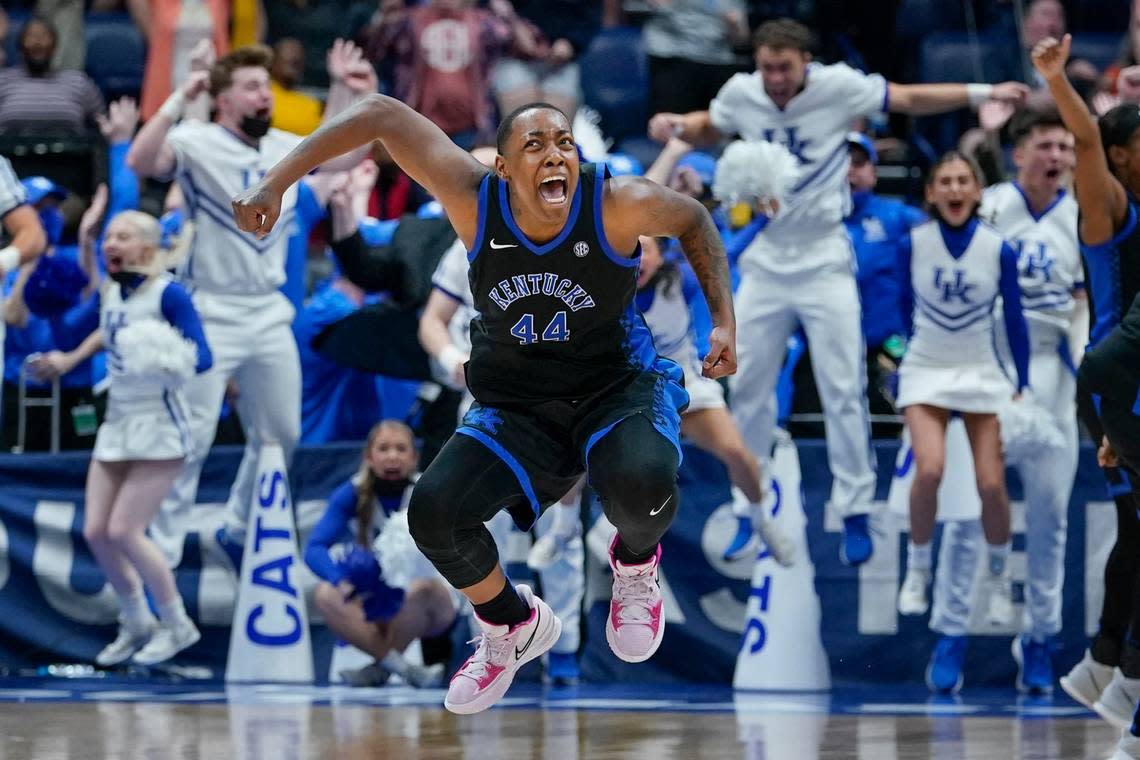 Not long after making the most dramatic shot in Kentucky’s women’s basketball history, a three-pointer that gave UK a 64-62 win over No. 1 South Carolina in the SEC Tournament finals, Dre’una Edwards (44) transferred to Baylor.