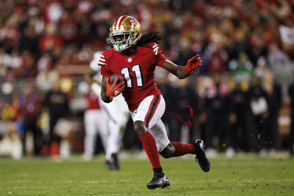 Brandon Aiyuk meminta pertukaran pemain dari San Francisco 49ers. (Foto oleh Ryan Kang/Getty Images)