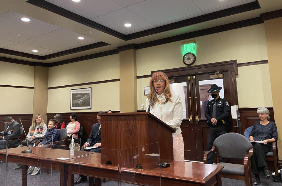 Republican state Rep. Karey Hanks addresses the House State Affairs Committee, Monday, March 15, 2021, in the Statehouse in Boise, Idaho. The committee approved legislation to prohibit mask mandates by government entities in Idaho. (AP Photo/Keith Ridler)