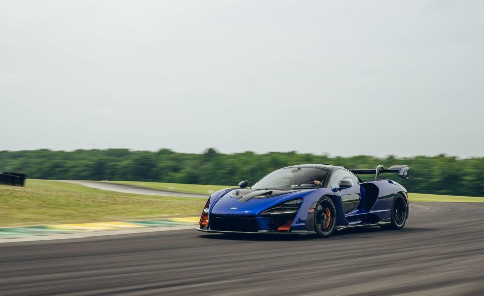 <p>The <a href="https://www.caranddriver.com/mclaren/senna" rel="nofollow noopener" target="_blank" data-ylk="slk:McLaren Senna;elm:context_link;itc:0;sec:content-canvas" class="link ">McLaren Senna</a> puts up big numbers everywhere: 129.9 mph into Oak Tree, 121.6 out of Hog Pen. It stops, too. The big brakes and Trofeo R suction cups allow this car to shed speed like no other. Braking into Turn 1 results in the driver going into the belts with 1.80 g's of force. So that's what it feels like when dough goes through a pasta maker. With very effective active aerodynamics and just 3.8 pounds saddled to each of its 789 horses, the Senna is the fastest car we have ever lapped at VIR. <a class="link " href="https://www.caranddriver.com/features/a29390223/2019-mclaren-senna-lightning-lap/" rel="nofollow noopener" target="_blank" data-ylk="slk:Lap Test;elm:context_link;itc:0;sec:content-canvas">Lap Test</a></p>