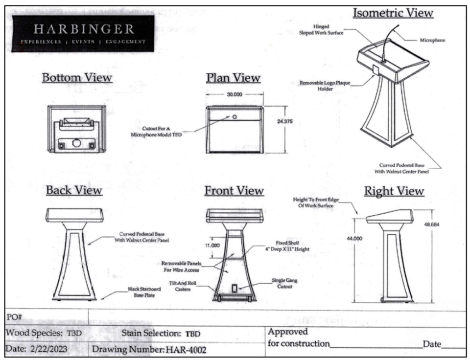 Design diagrams of the podium in question during a Joint Legislative Audit Committee hearing on Tuesday, April 16, 2024, as included in the audit report released on April 15.
