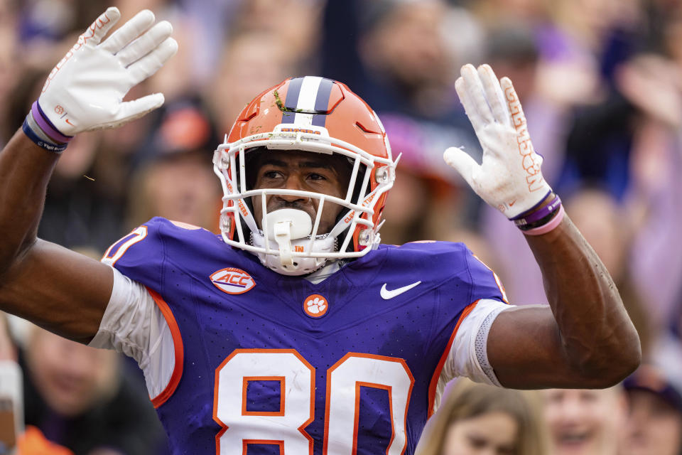 Clemson wide receiver Beaux Collins (80) reacts after scoring a touchdown during the first half of an NCAA college football game against Georgia Tech, Saturday, Nov. 11, 2023, in Clemson, S.C. (AP Photo/Jacob Kupferman)