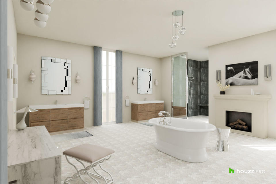<p>Houzz</p>Beyonce's Bathroom<p>This primary bathroom retreat could work for many, but was specially designed for the illustrious Queen Bey. Its clean, spacious design nods both to Cowboy Carter’s country roots as well as the metallic allure of her Renaissance tour.</p><ul><li>Ornate tile floor</li><li>Wooden sink vanities (his and hers, obviously)</li><li>Marble dressing table (we couldn't integrate her new line of Cécred hair products, but we would)</li><li>Fireplace</li><li>Freestanding tub</li><li>Ornate mirrors</li><li>Standing shower lined with dark gray marble tile</li><li>Stainless fixtures</li></ul><p><strong>Tour the <a href="https://www.houzz.com/for-pros/feature-3d-floor-plan?beyoncebathroom#3dstories" rel="nofollow noopener" target="_blank" data-ylk="slk:3D Floor Plan;elm:context_link;itc:0;sec:content-canvas" class="link ">3D Floor Plan</a>, and get the look from this primary bathroom on the <a href="https://www.houzz.com/ideabooks/174154326/thumbs/beyonce-renaissance-inspired-bathroom" rel="nofollow noopener" target="_blank" data-ylk="slk:Houzz Shop;elm:context_link;itc:0;sec:content-canvas" class="link ">Houzz Shop</a>.</strong></p>