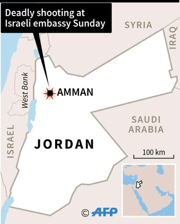 Map of Jordan locating the capital Amman, where a shooting at the Israeli embassy left two Jordanians dead on Sunday