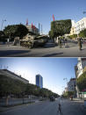 A combo image showing a tank guarding the center of Tunis, Sunday, Jan. 16. 2011, top, and an empty street near Tunis' landmark Avenue Habib Bourgiba, on the tenth anniversary of the uprising, due to a national lockdown after a surge in COVID-19 cases, in Tunis, Thursday, Jan. 14, 2021. Tunisia is commemorating the 10th anniversary since the flight into exile of its iron-fisted leader, Zine El Abidine Ben Ali, pushed from power in a popular revolt that foreshadowed the so-called Arab Spring. But there will be no festive celebrations Thursday marking the revolution in this North African nation, ordered into lockdown to contain the coronavirus. (AP Photo/Christophe Ena, Mosa'ab Elshamy)