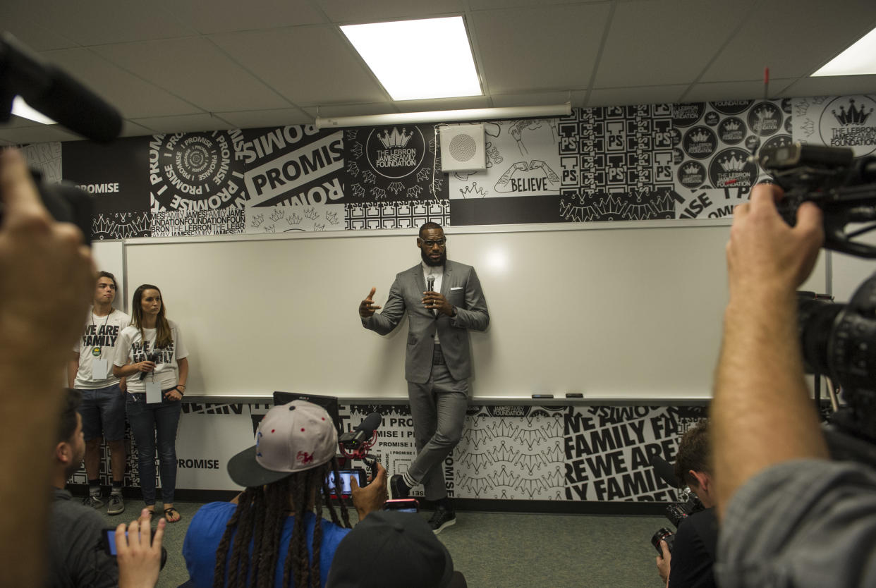 LeBron James at the opening of the I Promise School in Akron, Ohio, on July 30. The school is supported by the LeBron James Family Foundation and is run by Akron Public Schools. (Photo: AP/Phil Long)