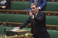 In this photo provided by UK Parliament, Britain's Labour Party leader Keir Starmer speaks during the debate in the House of Commons on the EU (Future Relationship) Bill in London, Wednesday, Dec. 30, 2020. The European Union’s top officials have formally signed the post-Brexit trade deal with the United Kingdom, as lawmakers in London get set to vote on the agreement. (Jessica Taylor/UK Parliament via AP)