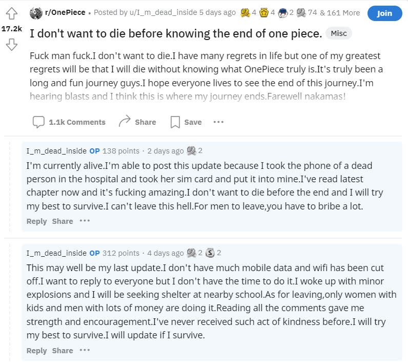 烏克蘭海賊迷表示，「我不想在還不知道One Piece（大祕寶）是什麼之前就死了」。（圖／翻攝自Reddit）