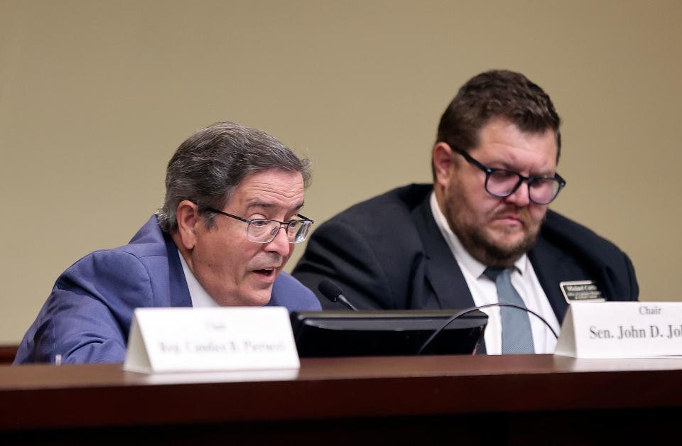 Sen. John Johnson, R-North Ogden, asks Davis School District representatives questions about their sensitive materials policy during a Utah Legislature’s Education Interim Committee meeting at the House Building in Salt Lake City on Wednesday, June 14, 2023. | Kristin Murphy, Deseret News