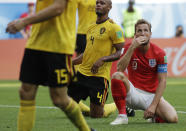 <p>England’s Harry Kane reacts during the third place match between England and Belgium at the 2018 soccer World Cup in the St. Petersburg Stadium in St. Petersburg, Russia, Saturday, July 14, 2018. (AP Photo/Petr David Josek) </p>
