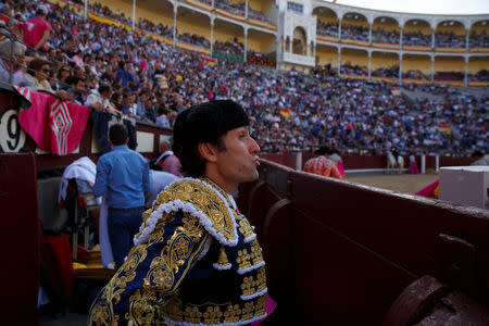 Alberto Lamelas reacts inside Las Ventas bullring just minutes before taking part in a bullfighting during the San Isidro festival in Madrid, Spain, June 5, 2017. REUTERS/Sergio Perez