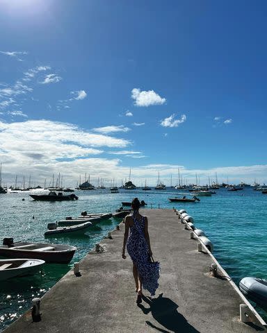 <p>Shaun White/Instagram</p> White captured a photo of Dobrev walking on the dock during their vacation.