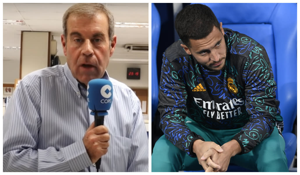 Tomás Guasch defiende lo indefendible con Hazard mientras atiza a Jović. Fuentes: YouTube/Tiempo de Juego COPE y CROCHET/Photonews vía Getty Images.