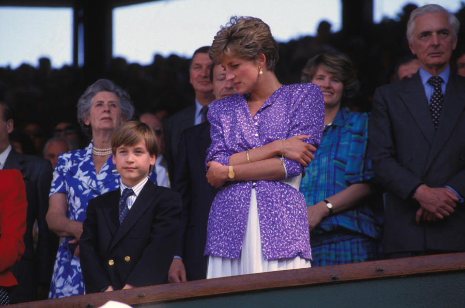 <p>Princess Diana and a young Prince William watch the Women's Singles final at Wimbledon in 1991. (Getty Images)</p> 