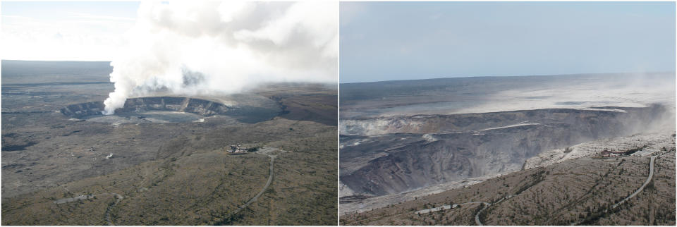 These 2018 images released by the United States Geological Survey, USGS, shows past, left, and present views of Kilauea's summit in Hawaii. At left is a photo taken on Nov. 28, 2008, with a distinct gas plume rising from the vent that had opened within Halemaumau about eight months earlier. At right is a photo taken on August 1, 2018, to approximate the 2008 view for comparison. Hawaii Volcanoes National Park will reopen its main gates Saturday, Sept. 22, 2018, welcoming carloads of visitors eager to see Kilauea's new summit crater and the area where a longstanding lava lake once bubbled near the surface. The park has been closed for 135 days as volcanic activity caused explosive eruptions, earthquakes and the collapse of the famed Halemaumau crater. (USGS via AP)
