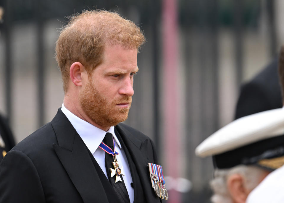 LONDON, ENGLAND - SEPTEMBER 19: Pr&#xed;ncipe Harry, Duke of Sussex during the State Funeral of Queen Elizabeth II at Westminster Abbey on September 19, 2022 in London, England. Elizabeth Alexandra Mary Windsor was born in Bruton Street, Mayfair, London on 21 April 1926. She married Prince Philip in 1947 and ascended the throne of the United Kingdom and Commonwealth on 6 February 1952 after the death of her Father, King George VI. Queen Elizabeth II died at Balmoral Castle in Scotland on September 8, 2022, and is succeeded by her eldest son, King Charles III. (Photo by Karwai Tang/WireImage)