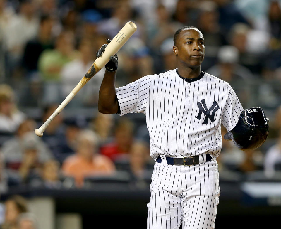 NEW YORK, NY - JUNE 03:  Alfonso Soriano #12 of the New York Yankees reacts after he struck out against the Oakland Athletics on June 3, 2014 at Yankee Stadium in the Bronx borough of New York City.  (Photo by Elsa/Getty Images)