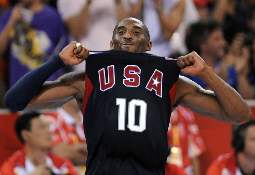 USA's Kobe Bryant celebrates at the end of the men's basketball gold medal match Spain at the Beijing 2008 Olympic Games.