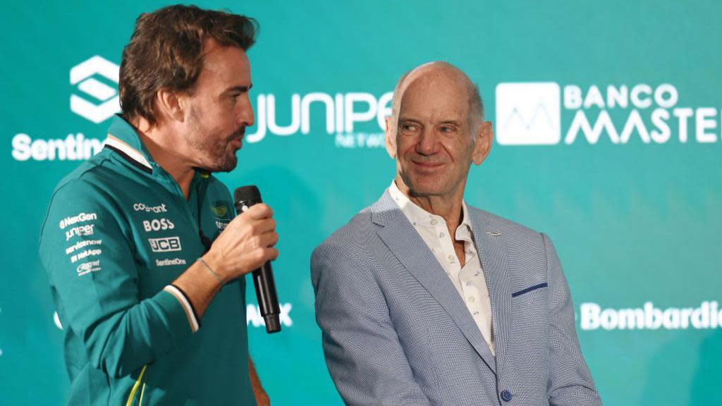 Aston Martin's Fernando Alonso and Adrian Newey