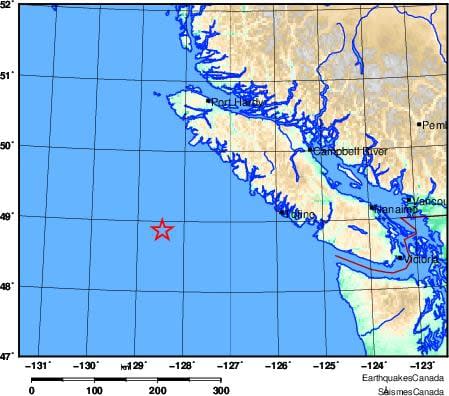 An earthquake with a preliminary magnitude of 6.4 was detected off the coast of Vancouver Island at 8:08 a.m. PT Thursday. (Earthquakes Canada - image credit)