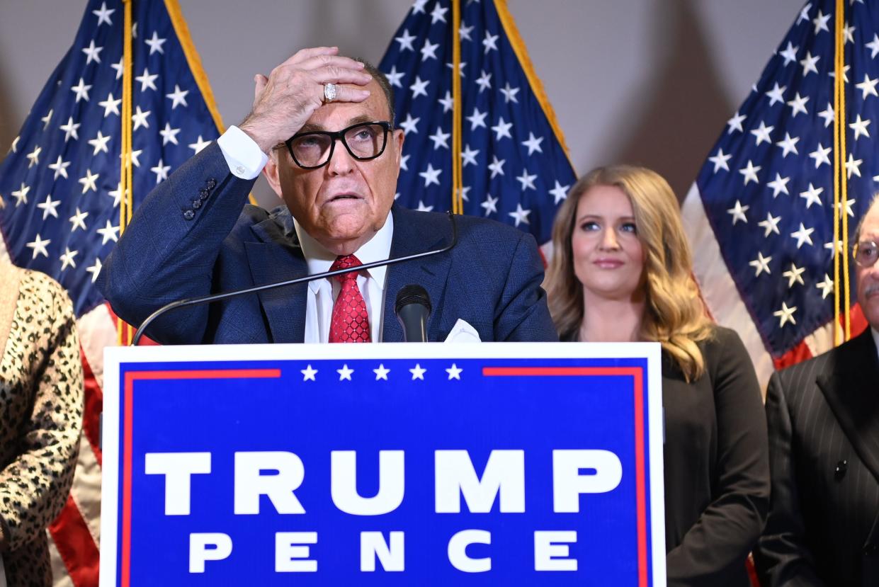 Trump's personal lawyer Rudy Giuliani speaks during a press conference at the Republican National Committee headquarters in Washington, DC, on November 19, 2020. (Photo by MANDEL NGAN / AFP) (Photo by MANDEL NGAN/AFP via Getty Images) (AFP via Getty Images)