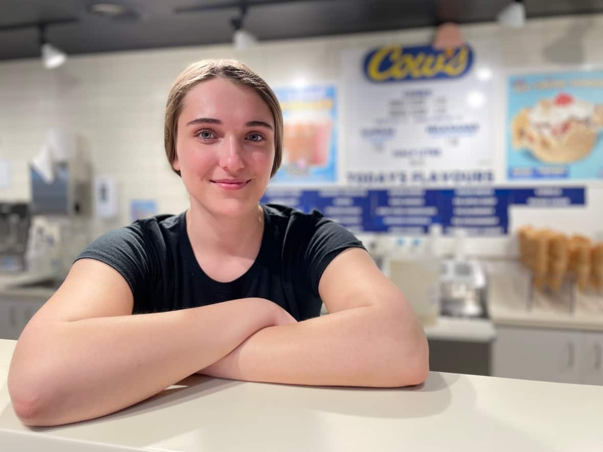 Mya Welton, store manager of COWS ice cream in Cavendish, P.E.I., says she is feeling the rising cost of gas herself. (Steve Bruce/CBC - image credit)