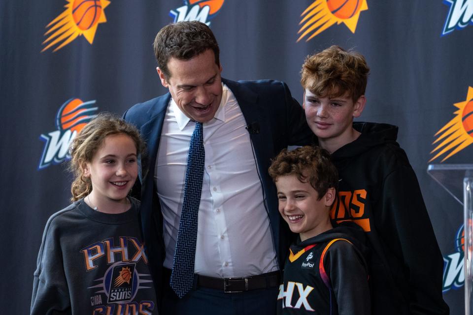 Mat Ishbia and his children attend a news conference introducing him as the new majority owner of the Suns and Mercury at Footprint Center in Phoenix on Feb. 8, 2023.