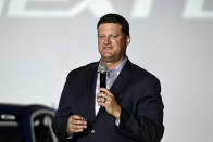 FILE - Steve O'Donnell, Executive Vice President of NASCAR talks about the Next Gen Cup Cars that will be used in the 2022 season during the NASCAR media event in Charlotte, N.C., Wednesday, May 5, 2021. It's another season of change for NASCAR as it prepares for Sunday's opening Daytona 500. (AP Photo/Mike McCarn, File)