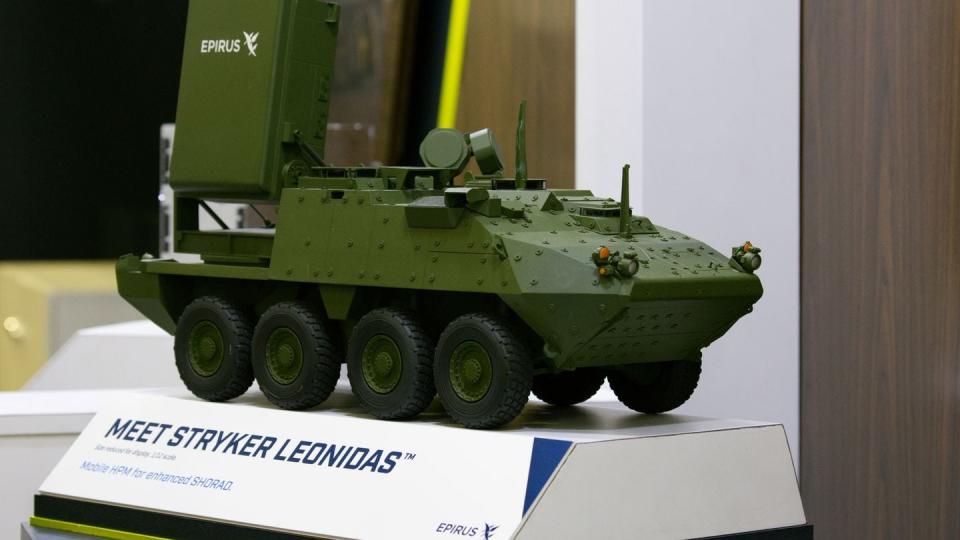 A model of a Stryker Leonidas directed-energy system is displayed at the Epirus booth at the Air, Space and Cyber Conference in National Harbor, Maryland. (Colin Demarest/C4ISRNET)