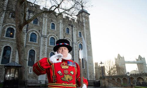 Beefeater, the White Tower and a photo-bombing Tower Bridge