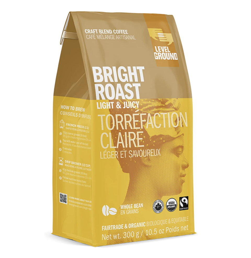 Level Ground Bright Roast Coffee: Whole Bean in yellow and brown bag (Photo via Amazon)