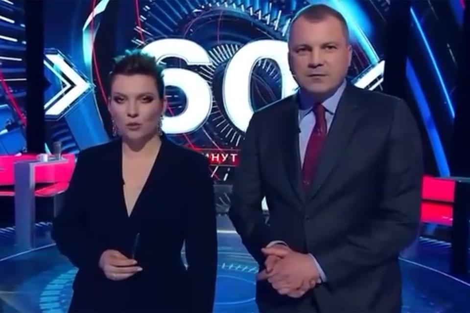 Skabeyeva and husband Yevgeny Popov co-host ‘60 Minutes' (Rossiya 1)